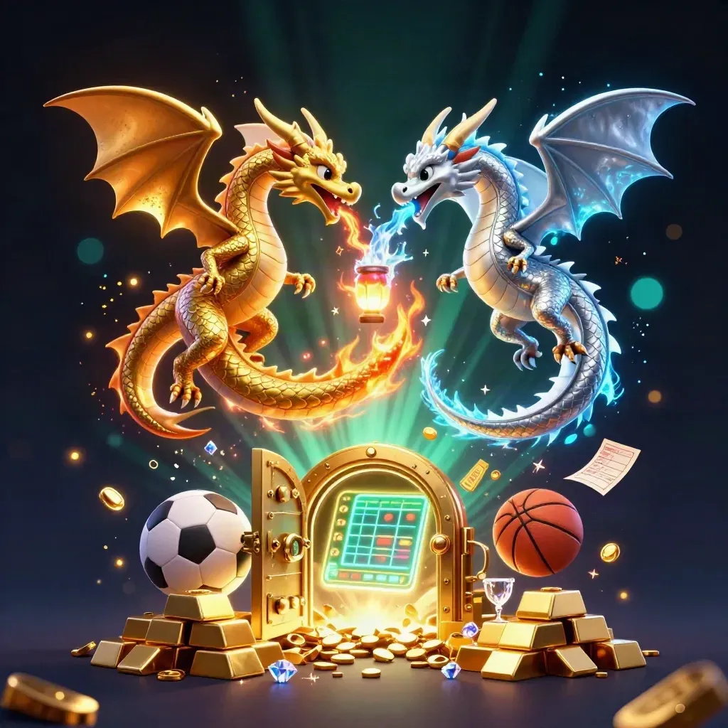 Gold and silver dragons swirl over casino treasures with sports balls in a dark neon glow.