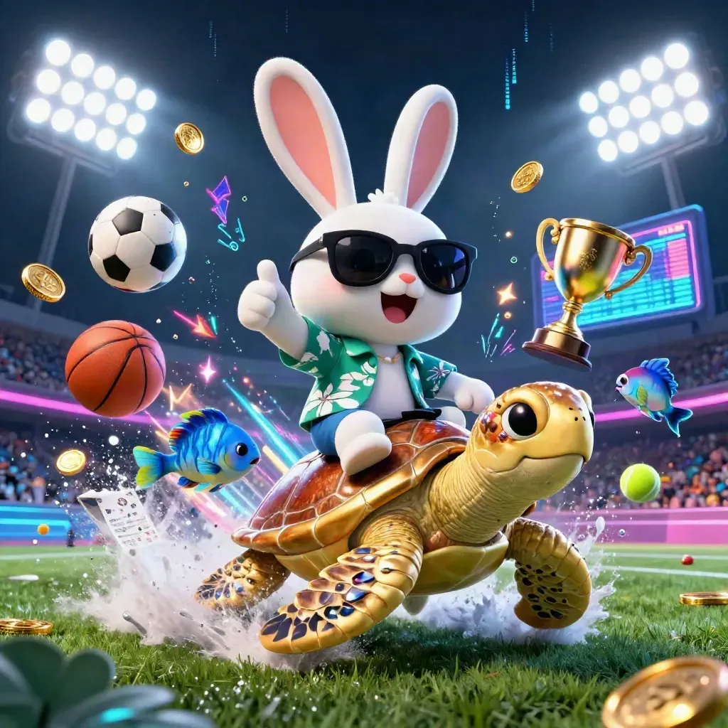 Lucky rabbit rides a golden turtle amid flying balls, coins, neon beams, and stadium light.