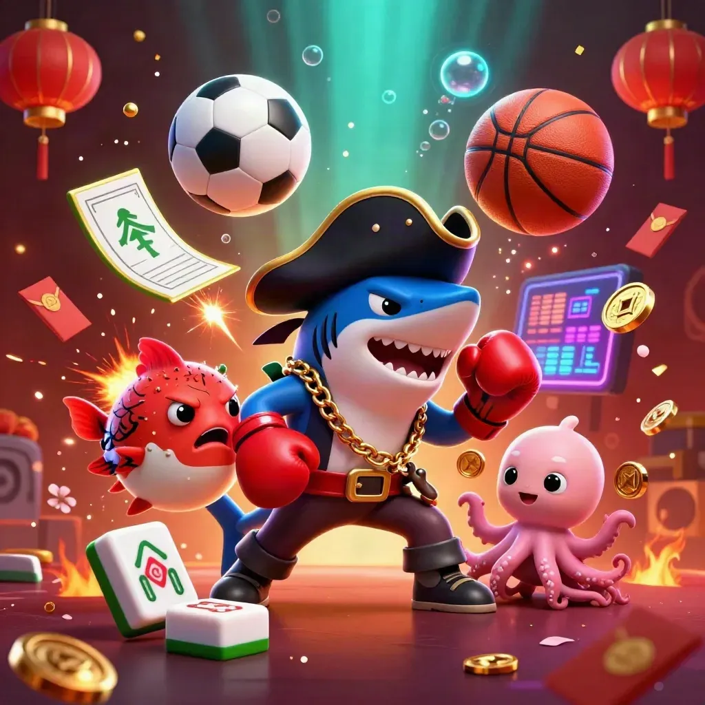 Shark, pufferfish, and octopus amid flying sports balls, coins, lanterns, and neon casino effects.