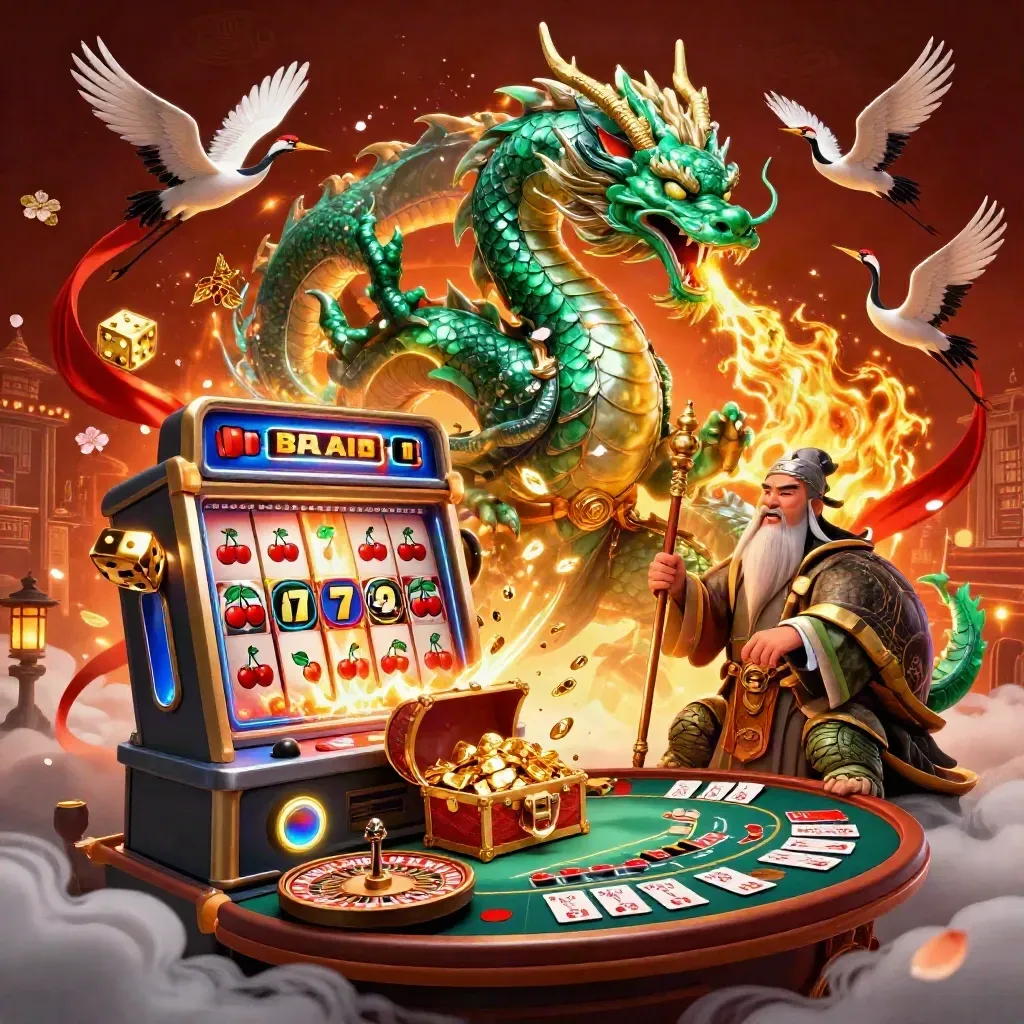 Emerald dragon, turtle sage and cranes amid a neon slot burst, gold fire, and casino glow.