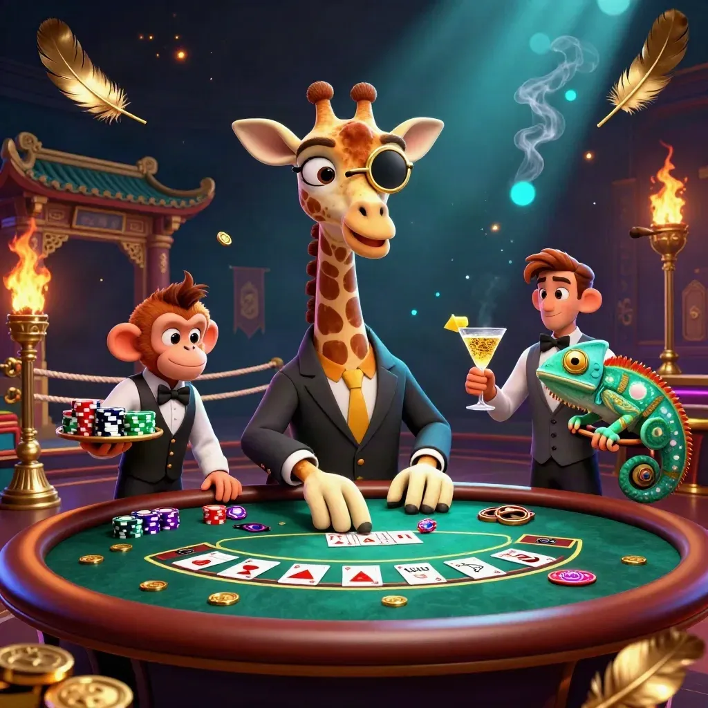 Giraffe high roller, monkey valet, and chameleon bartender in a neon casino vault