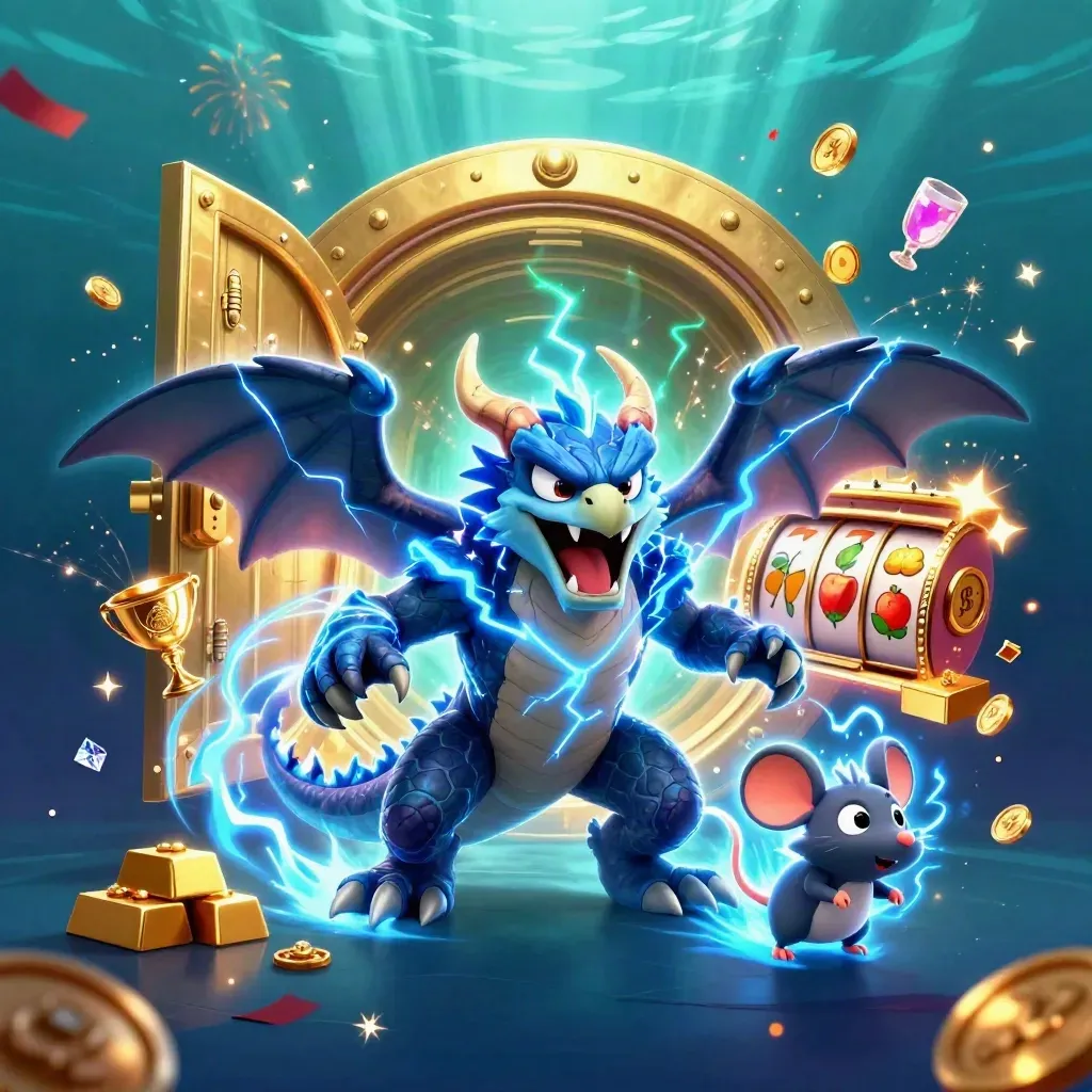Thunder dragon, hawk, and mouse burst from a glowing vault with gold, gems, and casino glow.