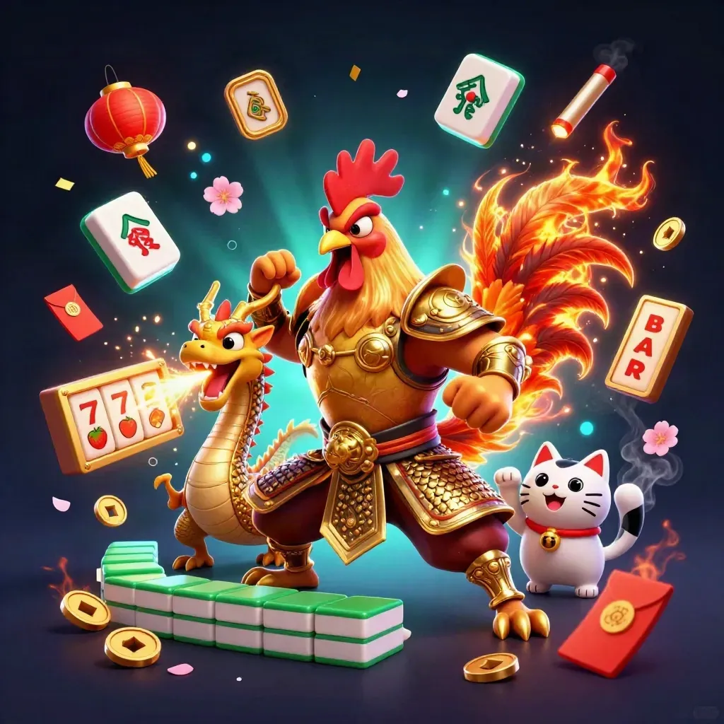 Rooster warrior, dragon hatchling, and fortune cat burst through casino treasure in neon glow.