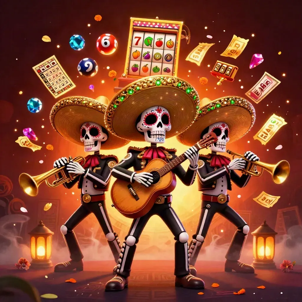 Skeleton mariachi trio amid casino tokens, petals, gems, and neon glow