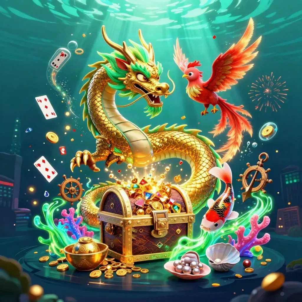 Golden dragon, phoenix, and koi in an underwater treasure cove with coins, gems, and coral