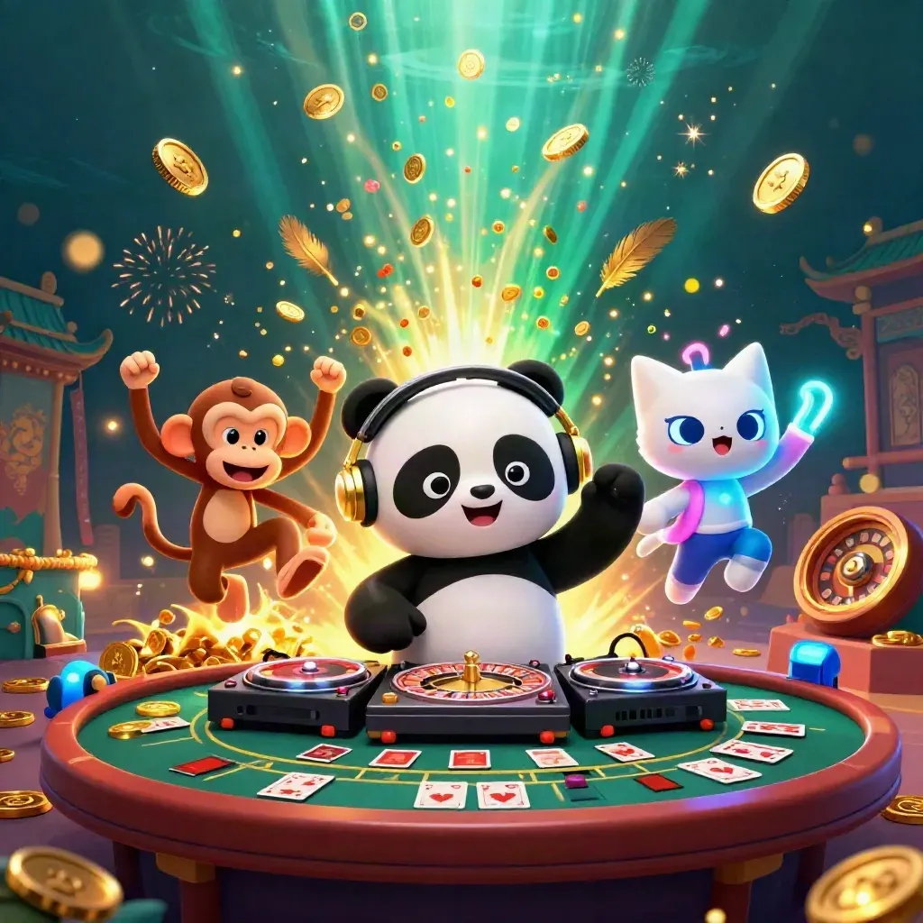 DJ panda, monkey, and kitten amid coins, fireworks, and casino relics.
