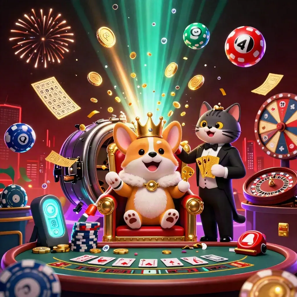Royal corgi and cat butler amid casino gold, lottery balls, wheels, fireworks, and neon glow.