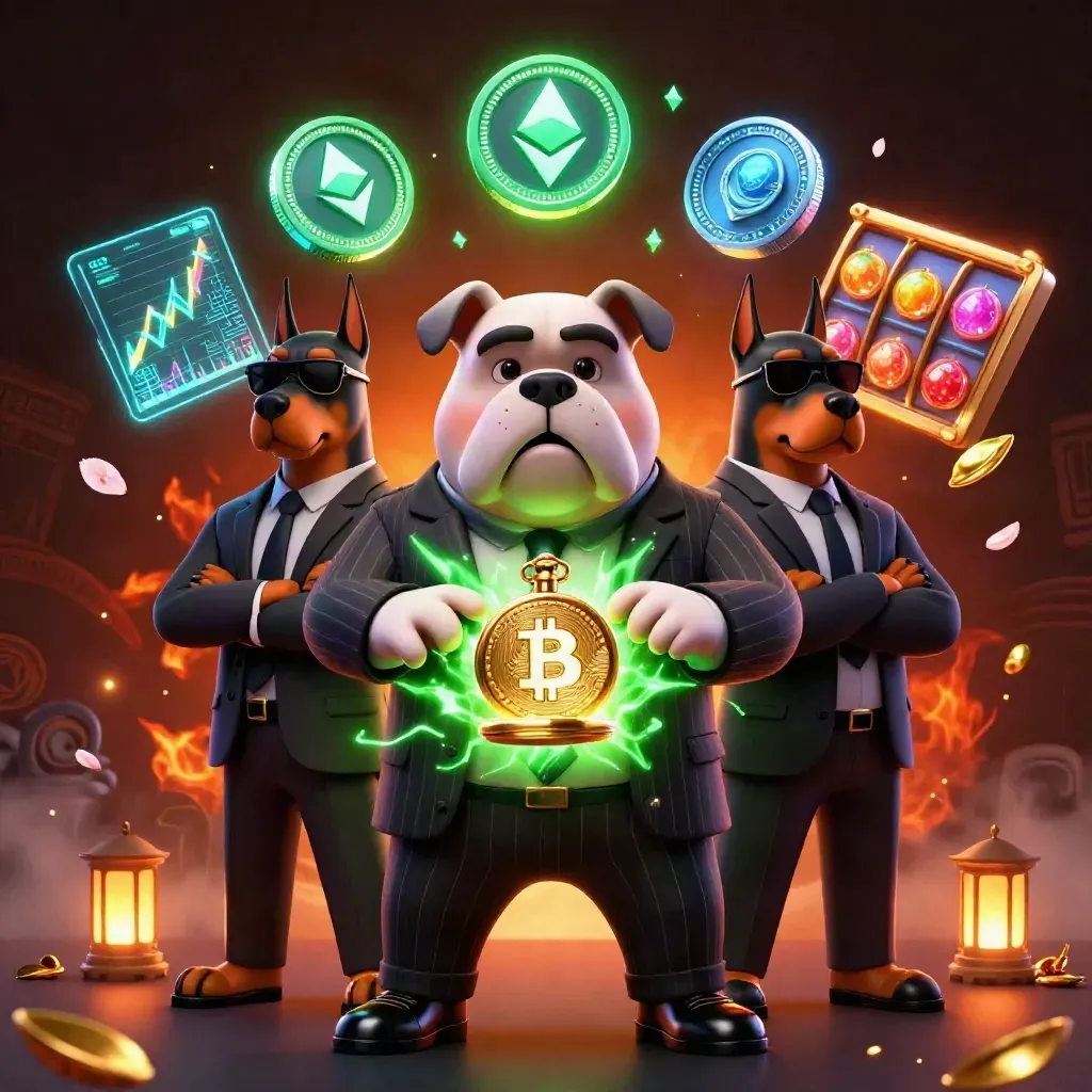 Bulldog boss and Doberman guards amid neon crypto coins and casino energy