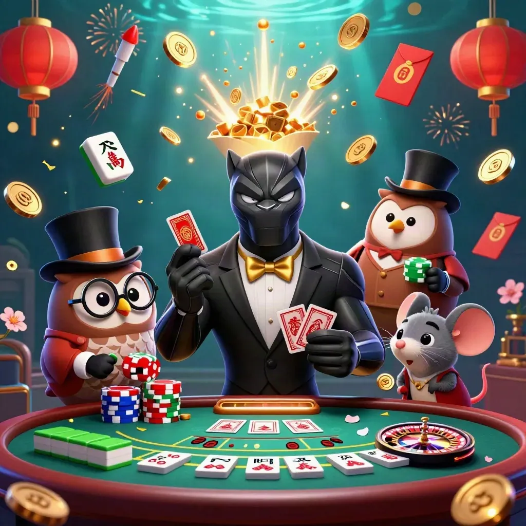 Black panther, owl, and mouse amid casino loot, coins, lanterns, fireworks, and neon glow.