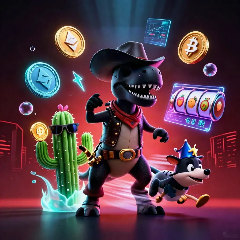 3D cowboy T-Rex, cactus sidekick, and sheriff roadrunner amid neon casino effects