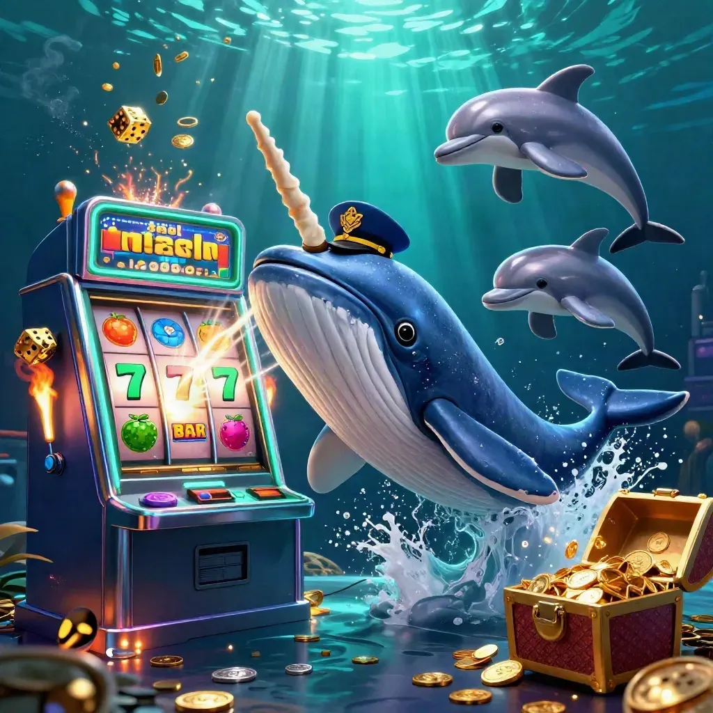 Whale captain, narwhal, and dolphins erupt amid coins, slots, and jackpot glow underwater