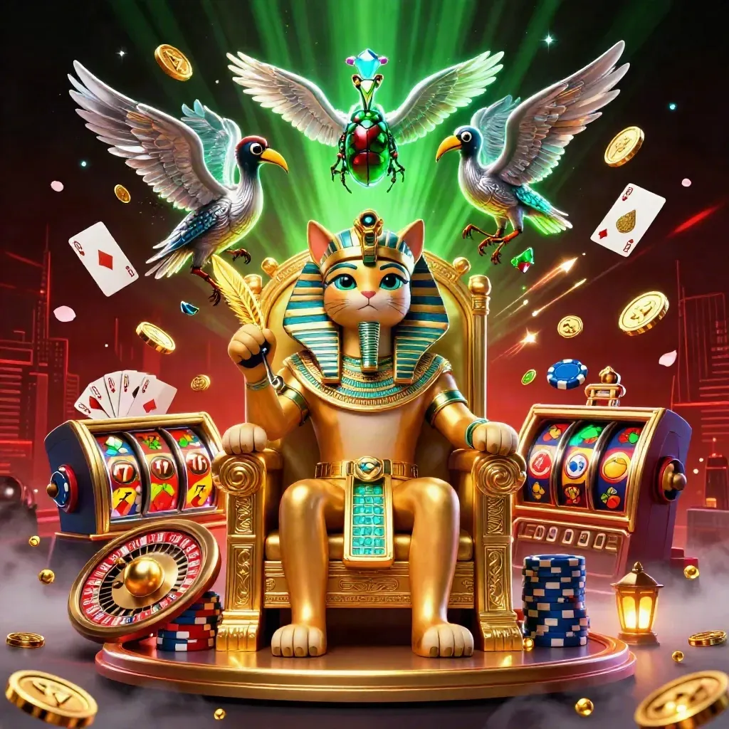 Pharaoh cat, ibis scribe, and gem-winged scarabs amid casino riches and neon glow
