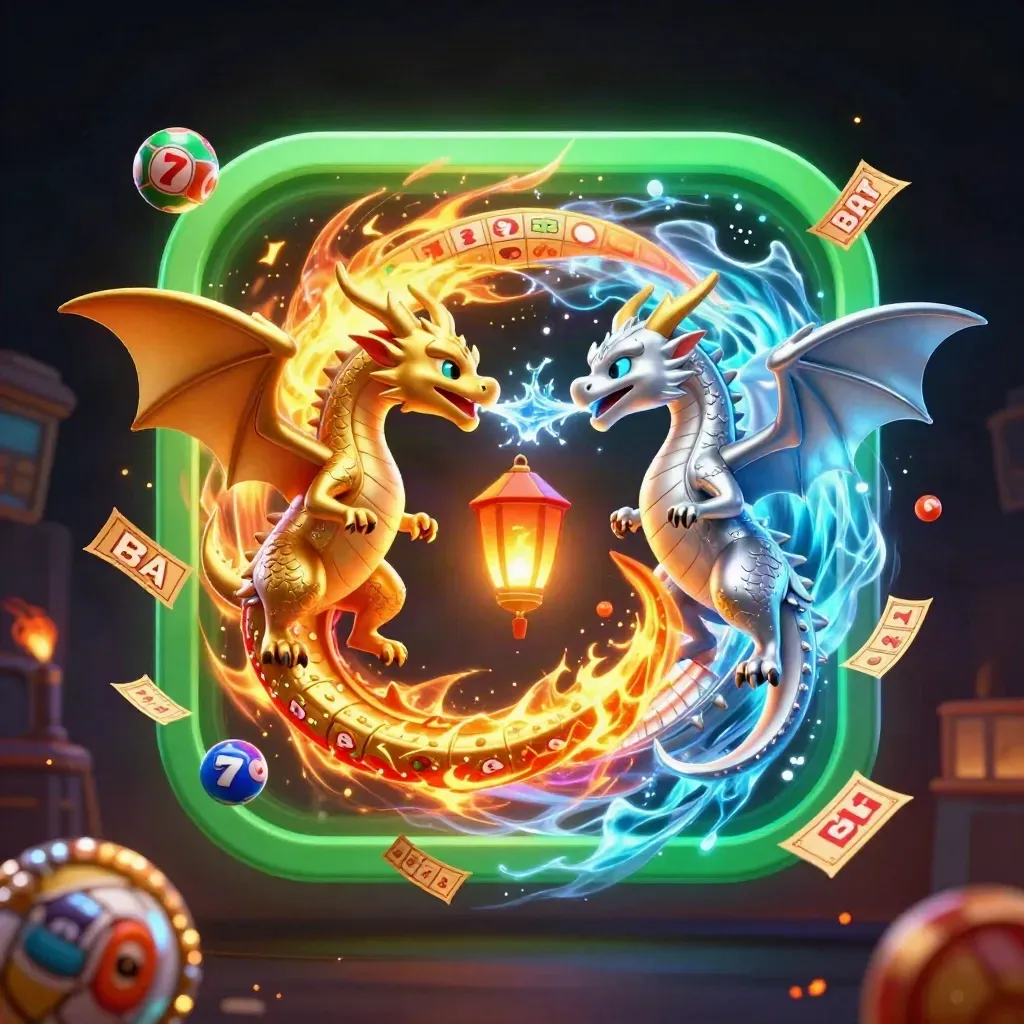 Intertwined gold and silver dragons with casino symbols in a dark neon fantasy glow