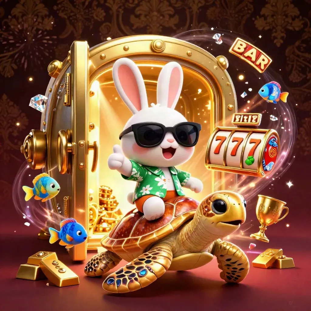 Cartoon lucky rabbit rides a gem-shelled sea turtle amid treasure, reels, sparks, and casino glow.