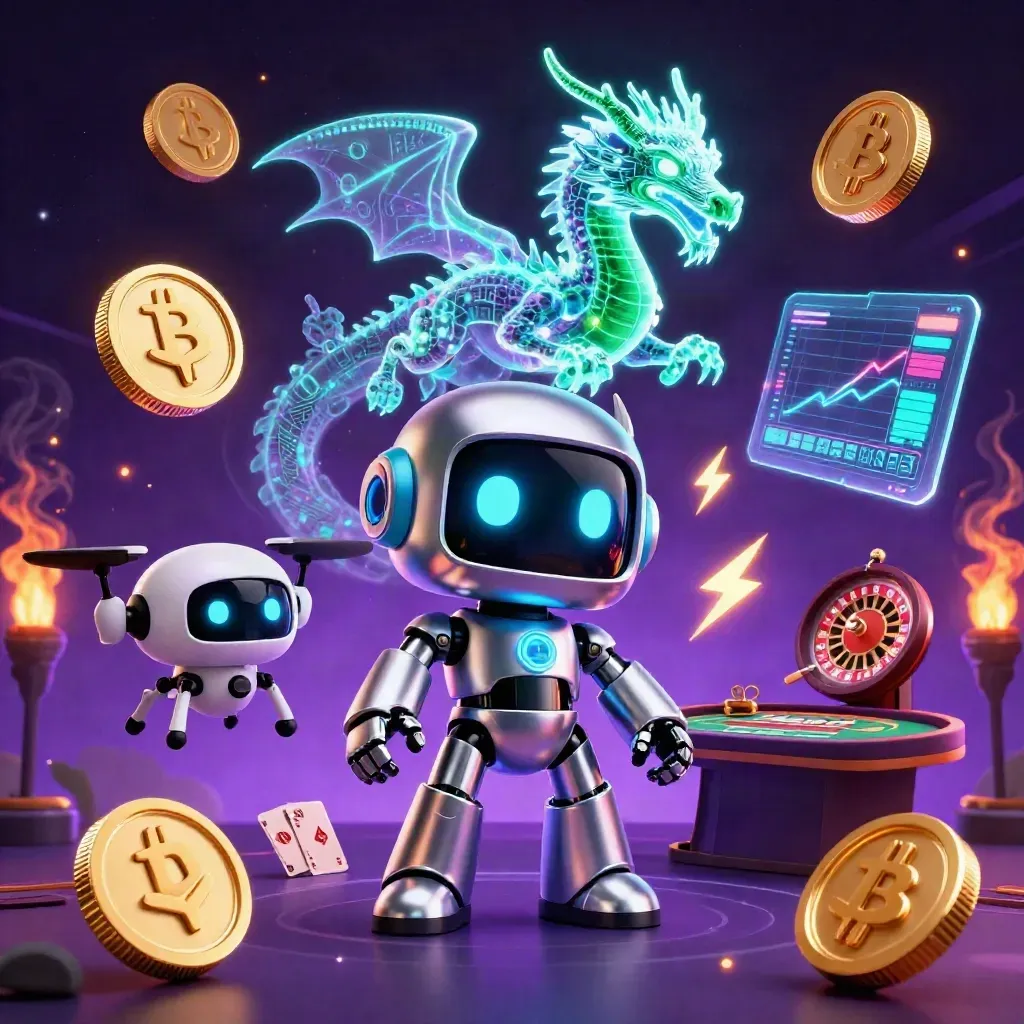Robot mascot, holographic dragon, and drone amid casino rewards and neon coins.