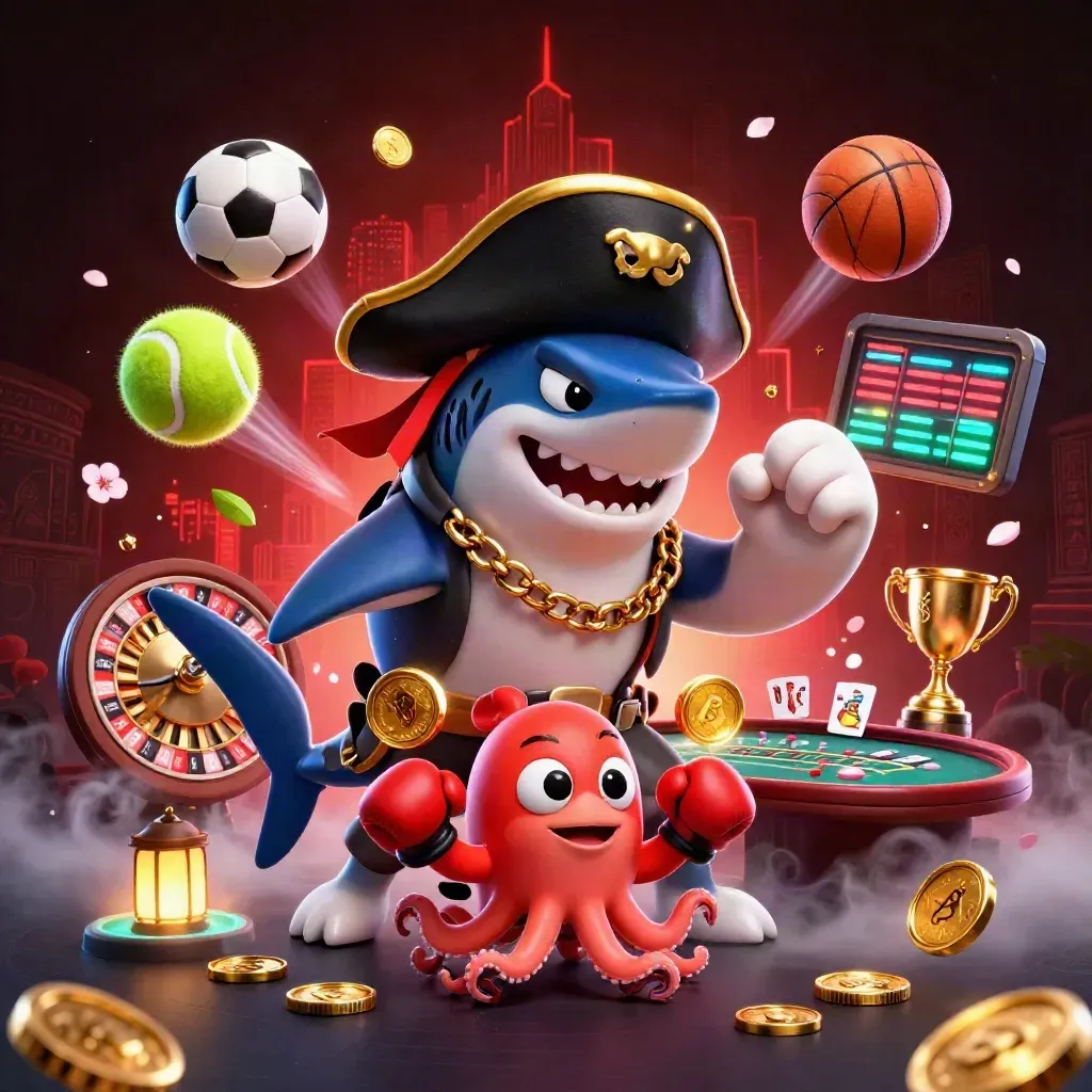 Pirate shark, boxing pufferfish, and coin-juggling octopus amid casino magic.