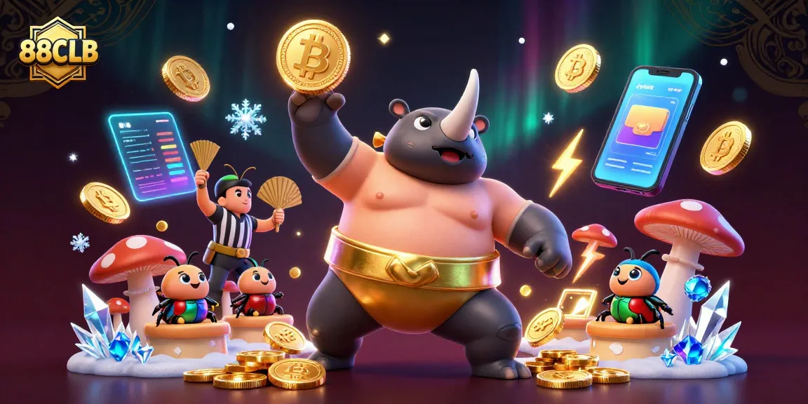 Spin golden coins with 88CLB while a sumo champion beetle showcases strength in a lively casino scene.