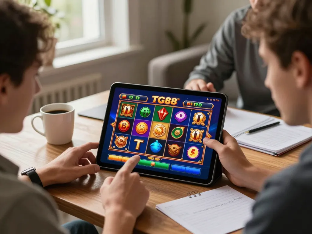 Players enjoying a strategic gaming session on the TG88 app while sipping coffee in a cozy setting.