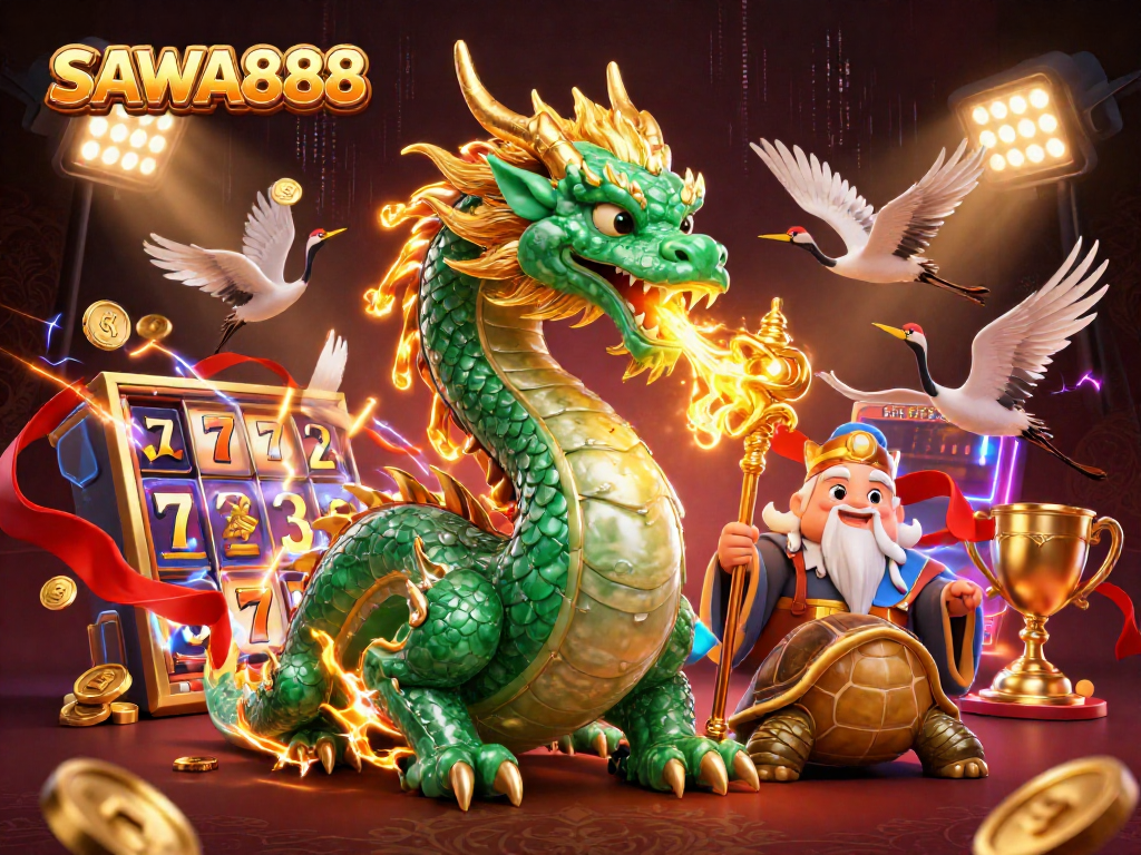 SAWA888 features a vibrant casino scene with a jade dragon and lucky cranes amidst slot elements.
