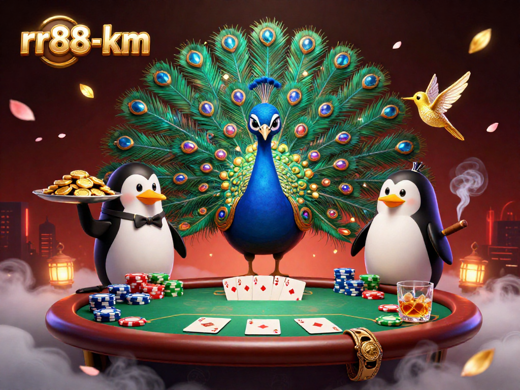 Join the fun with rr88-km showcasing poker action with a vibrant peacock and playful characters.