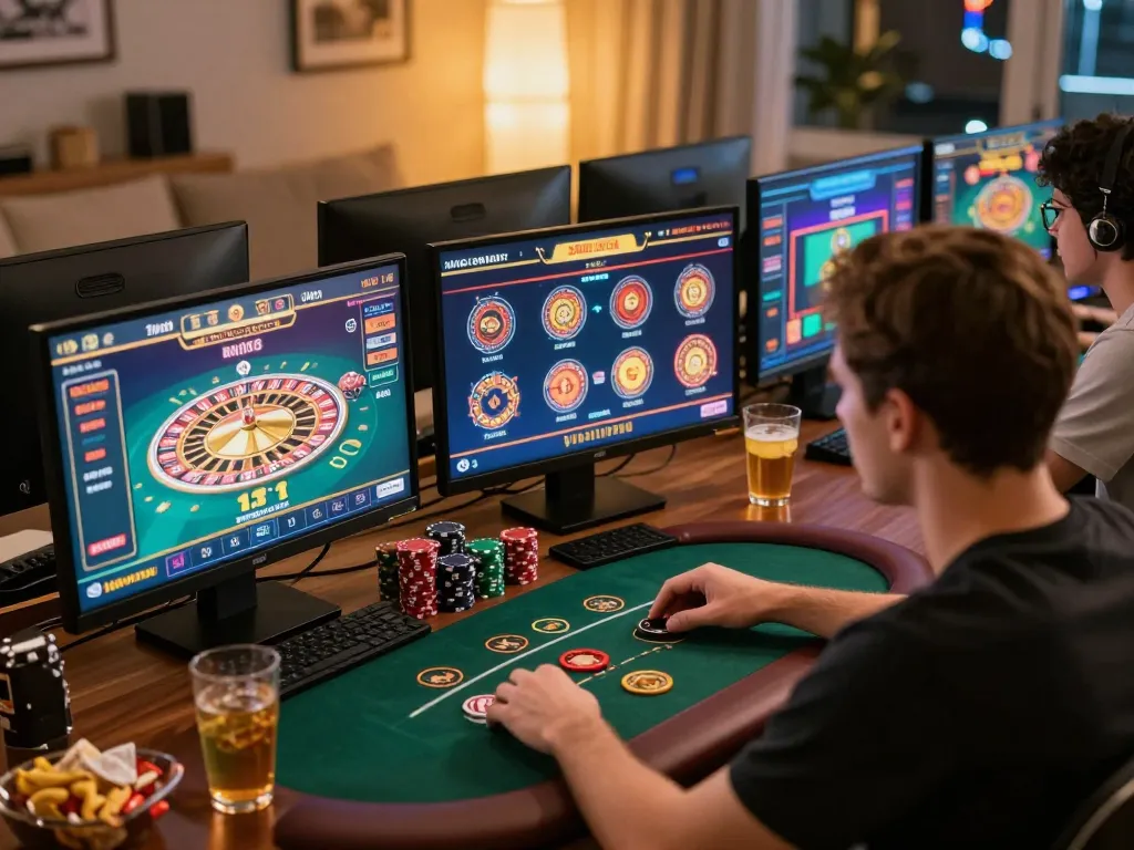 Engaged player using a tablet for online gambling at nhà cái uy tín MM88 in a cozy home setting