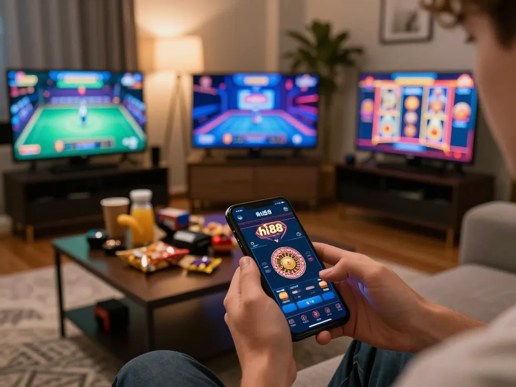 Player enjoying hi88 gaming app on smartphone with snacks in cozy living room