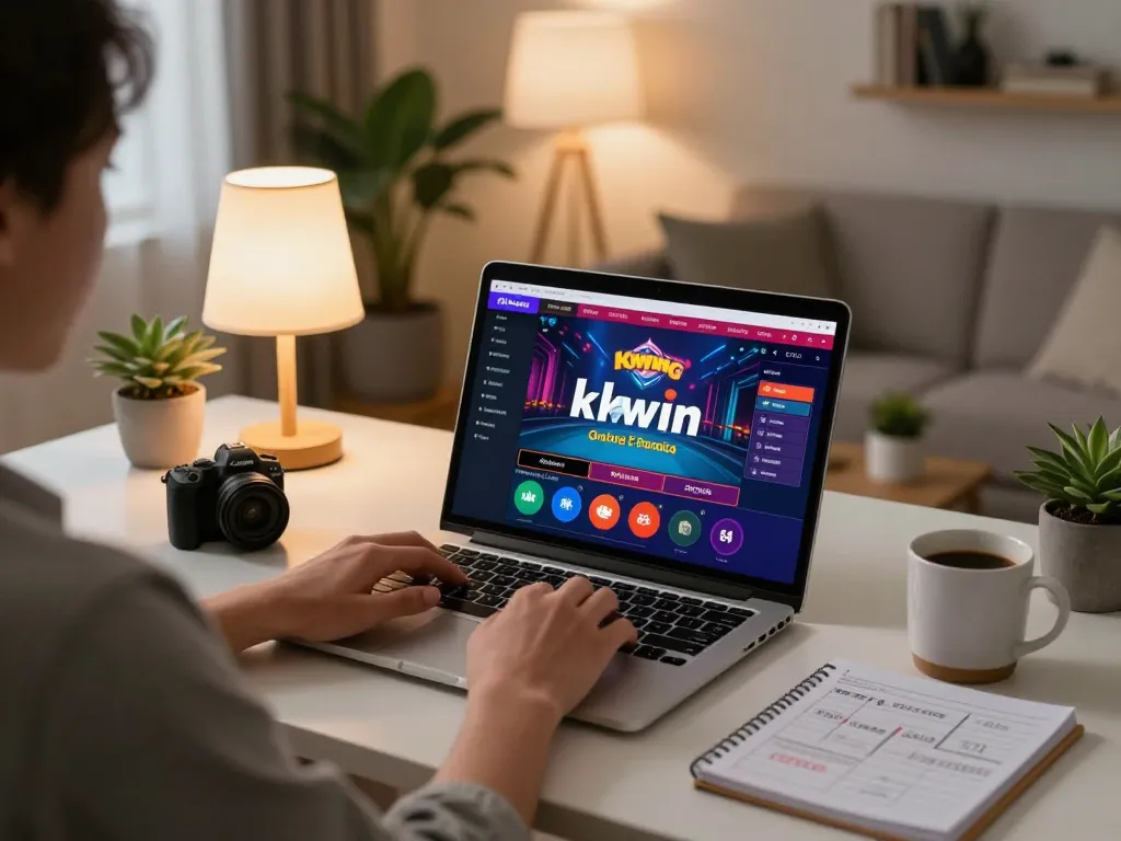 Engaging in strategic gaming with kkwin on a stylish laptop setup in a cozy home.