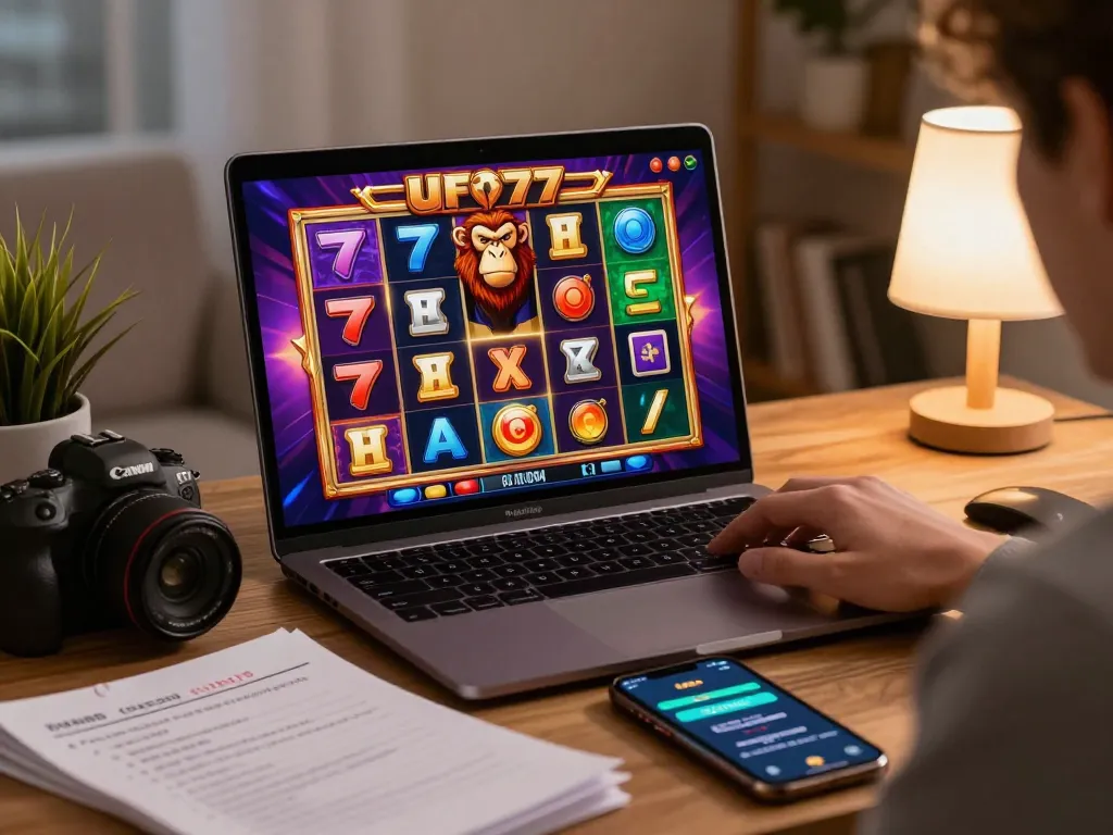 Player enjoying UFO777's wild ape slot game on a laptop, emphasizing strategic gaming at home.