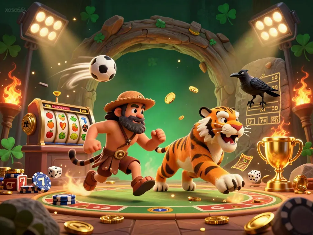 Experience the thrills at xoso66 as cavemen and a sabertooth tiger roll the dice and spin the slots in a prehistoric casino.