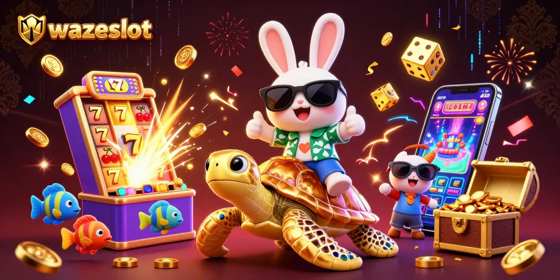 Experience the excitement of wazeslot with a lucky rabbit and golden turtle amidst vibrant casino elements.