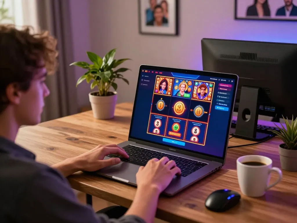 Person engaging with open888 online casino on a laptop in a cozy, inviting home setup.