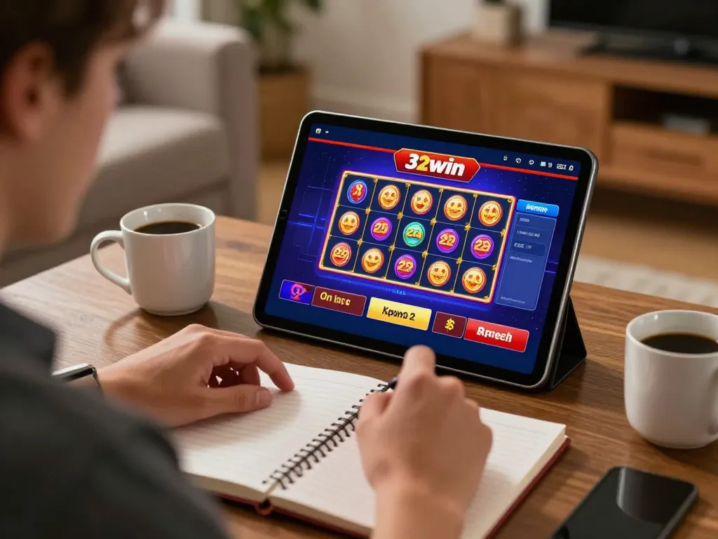 Experience 32win gaming excitement at home with a cozy tablet setup and strategy notes.