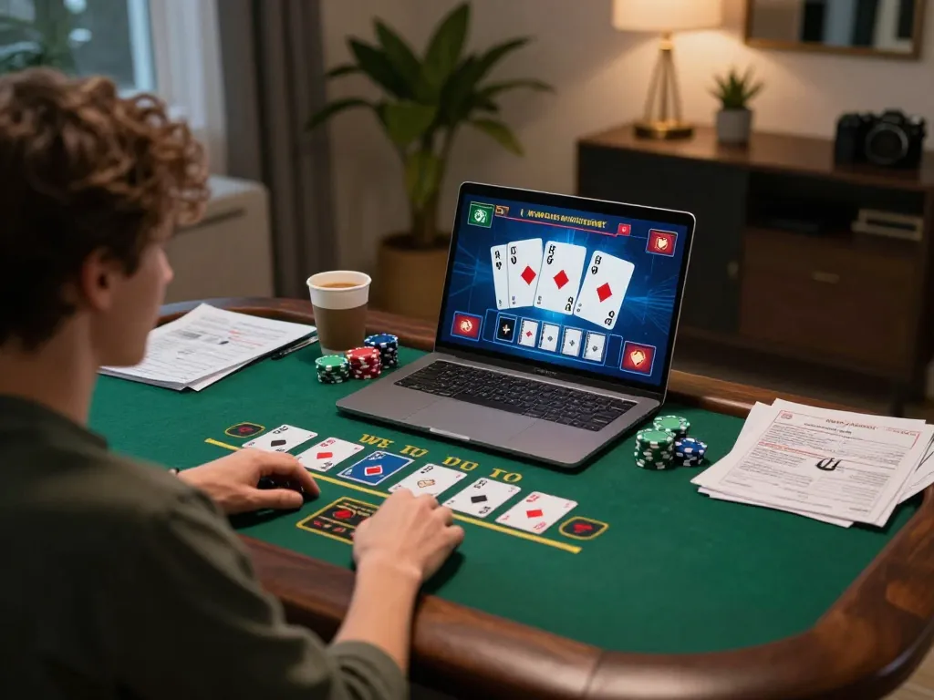 Player engaging in exciting live dealer blackjack game on a laptop, showcasing strategic m107 gambling maneuvers.