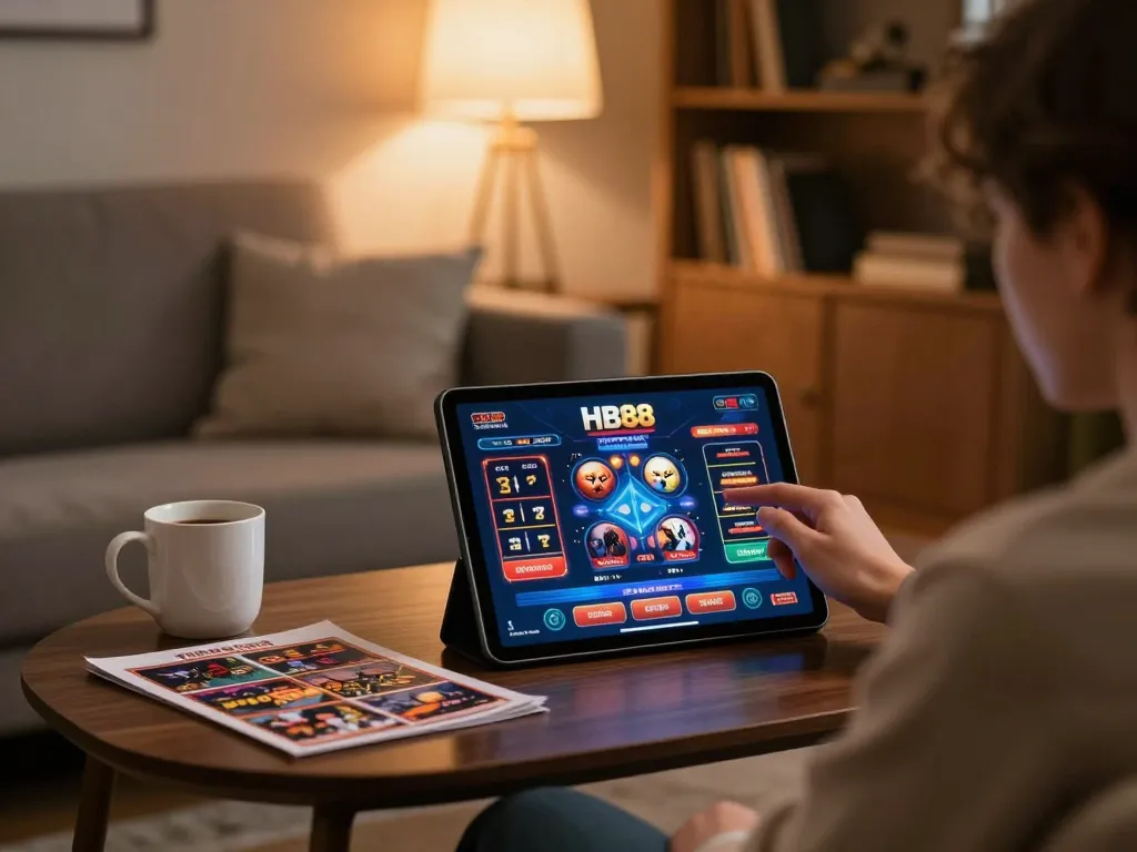 Player engaging with HB88 online casino on a tablet, enjoying a cozy home gaming experience.