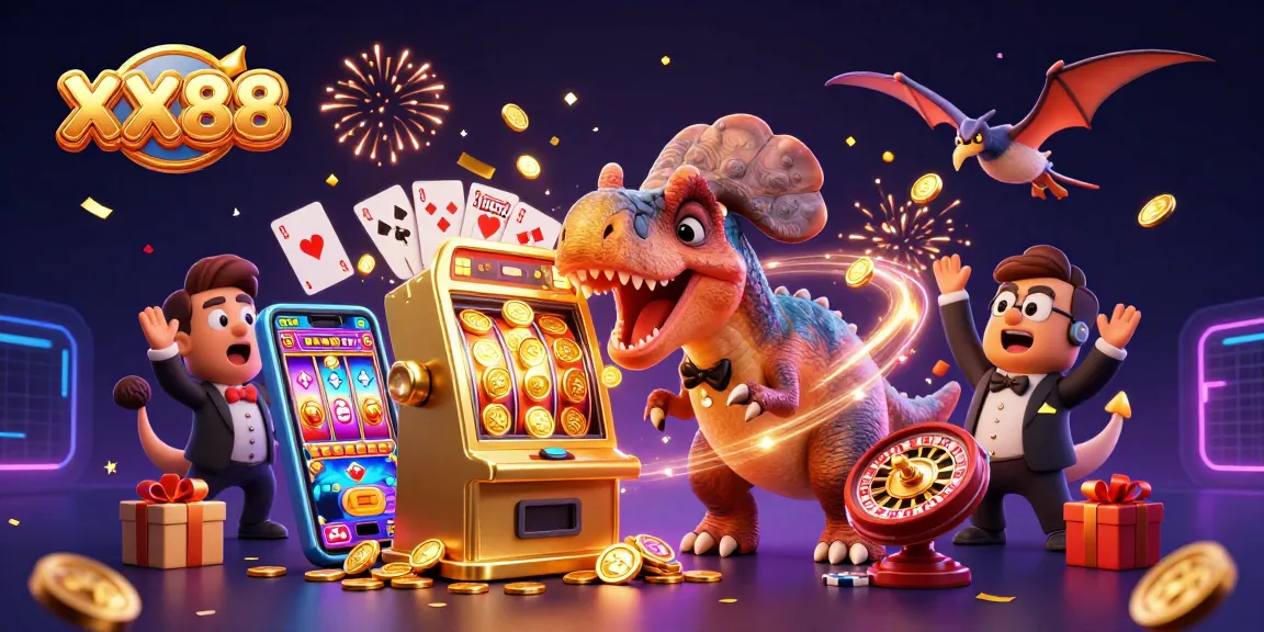 Win big at XX88 casino with a dinosaur-themed jackpot celebration scene featuring animated characters and exciting game elements.