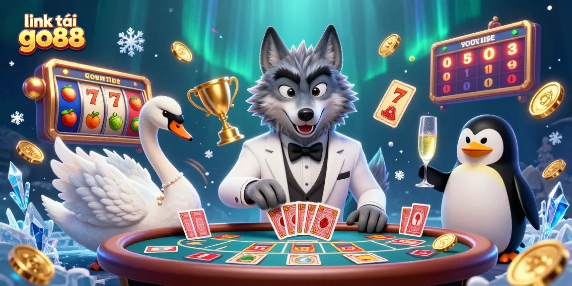 Spin the reels of link tải go88 with this vibrant, engaging 3D casino illustration featuring a wolf, swan, and penguin characters.