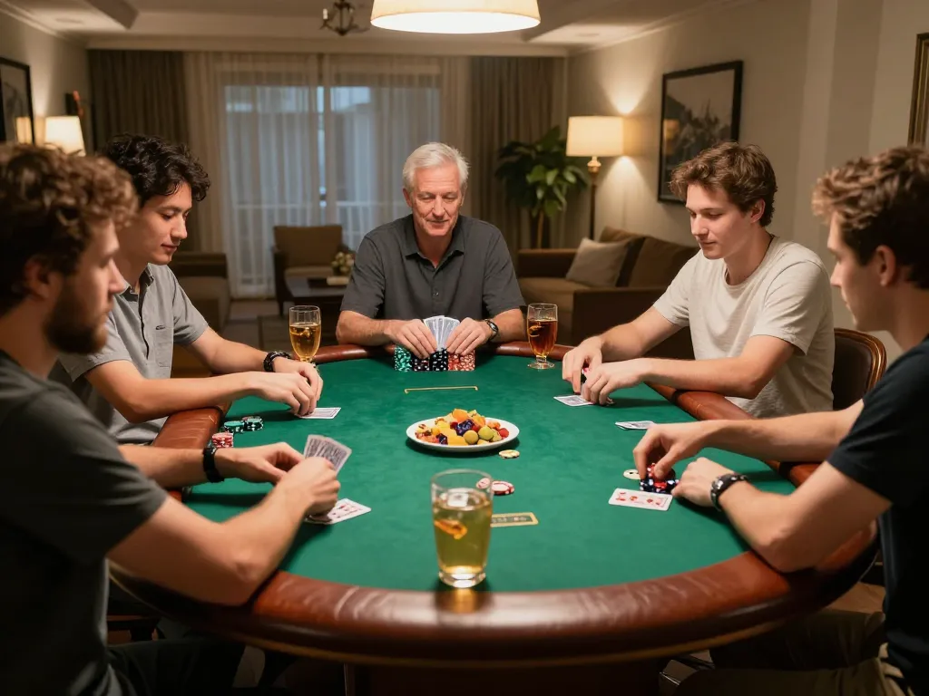 Exciting high-stakes poker game with g28tv branding, showcasing friends in a luxurious home setting
