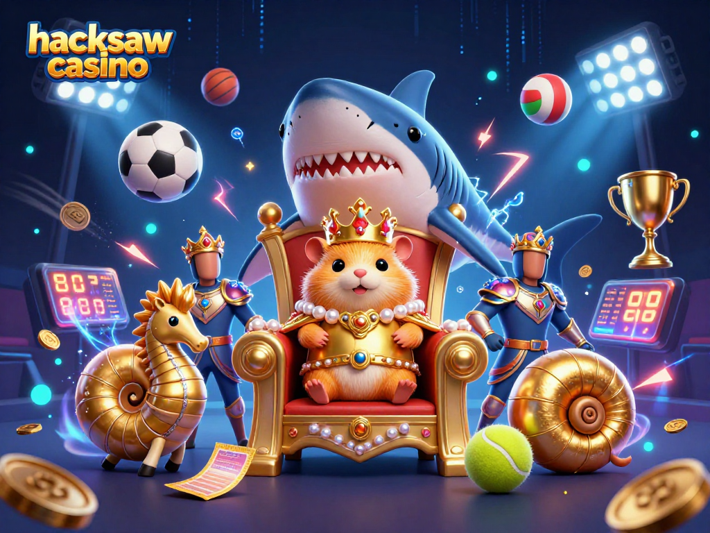 Win big with hacksaw casino showcasing vibrant pokies action in a dynamic cartoon scene.