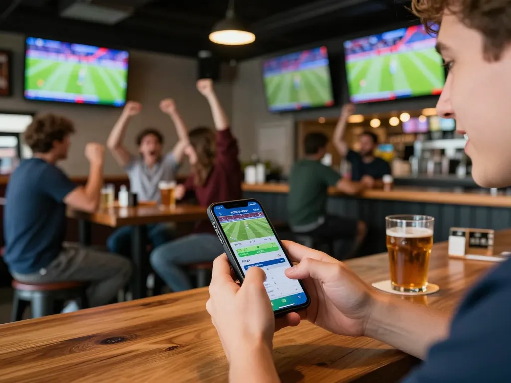 Pemburu olahraga yang antusias memeriksa Skor Langsung di smartphone di bar olahraga yang ramai