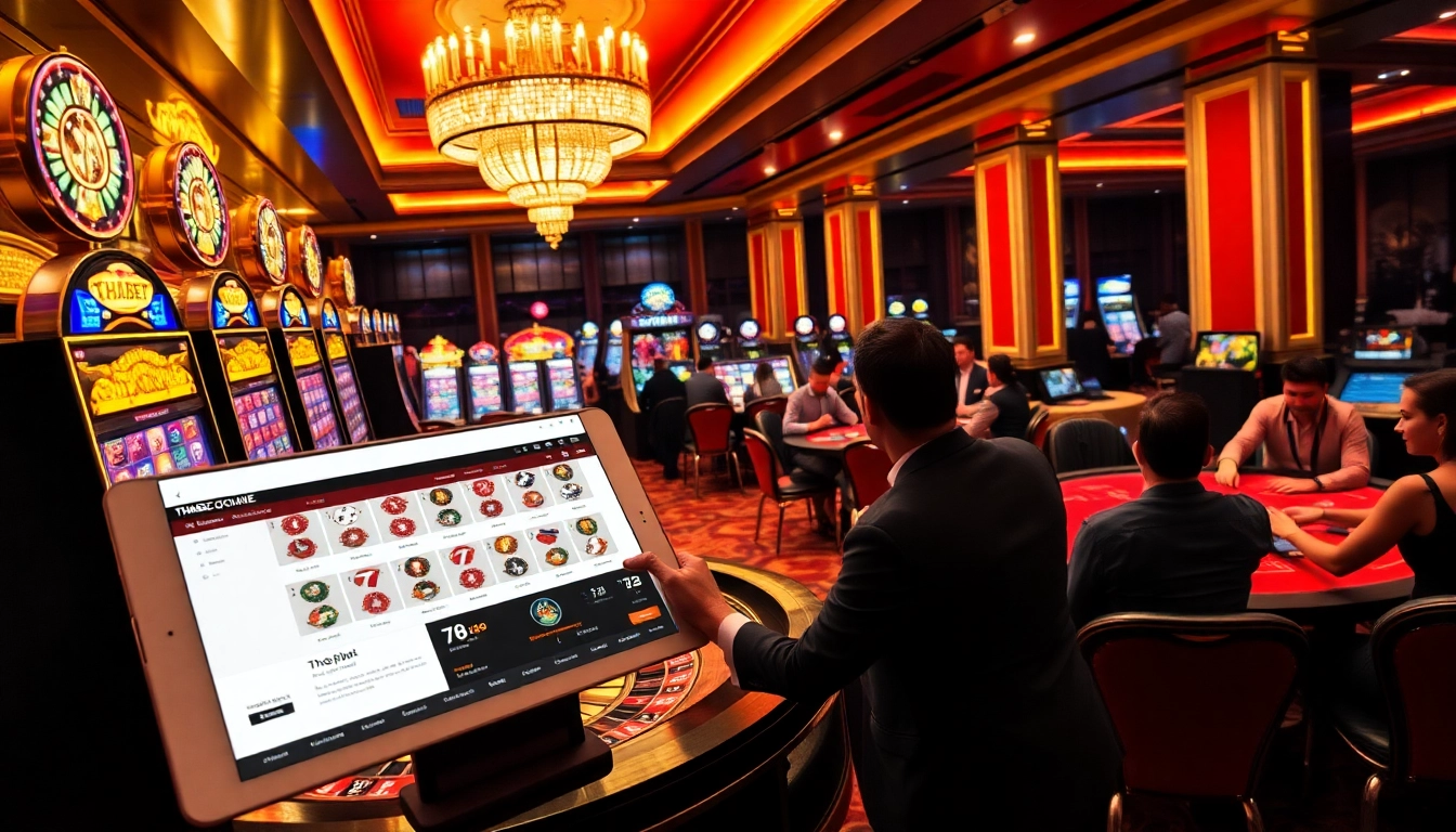 Players enjoying poker and slots at Thabet casino, capturing the thrill of gambling.