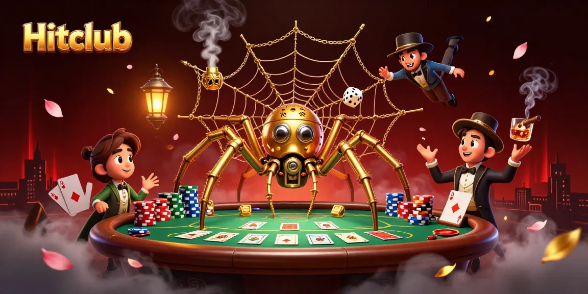 Hitclub's steampunk spider catches unlucky dice in an imaginative poker scene filled with vibrant casino elements.