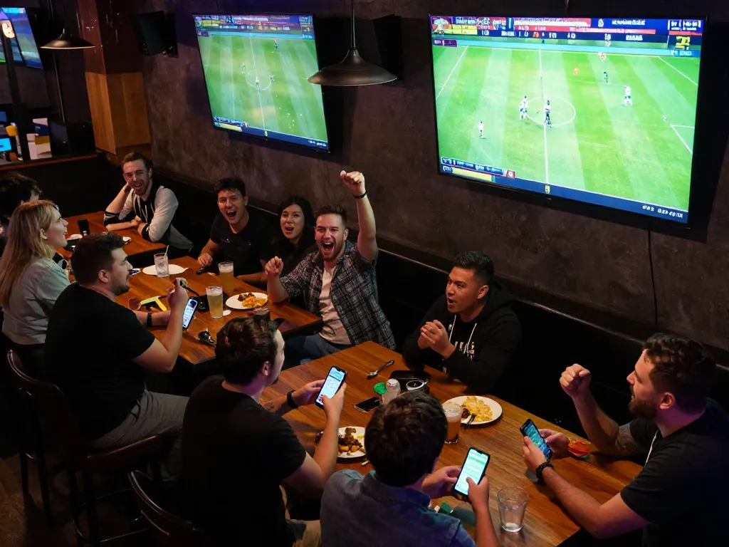 Xoilactv39 patrons fervently watching live football and placing sports bets in an energetic atmosphere