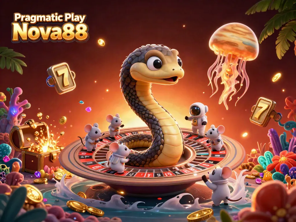 Experience the excitement of Pragmatic Play Nova88 with vibrant characters, slot reels, and gold coins.
