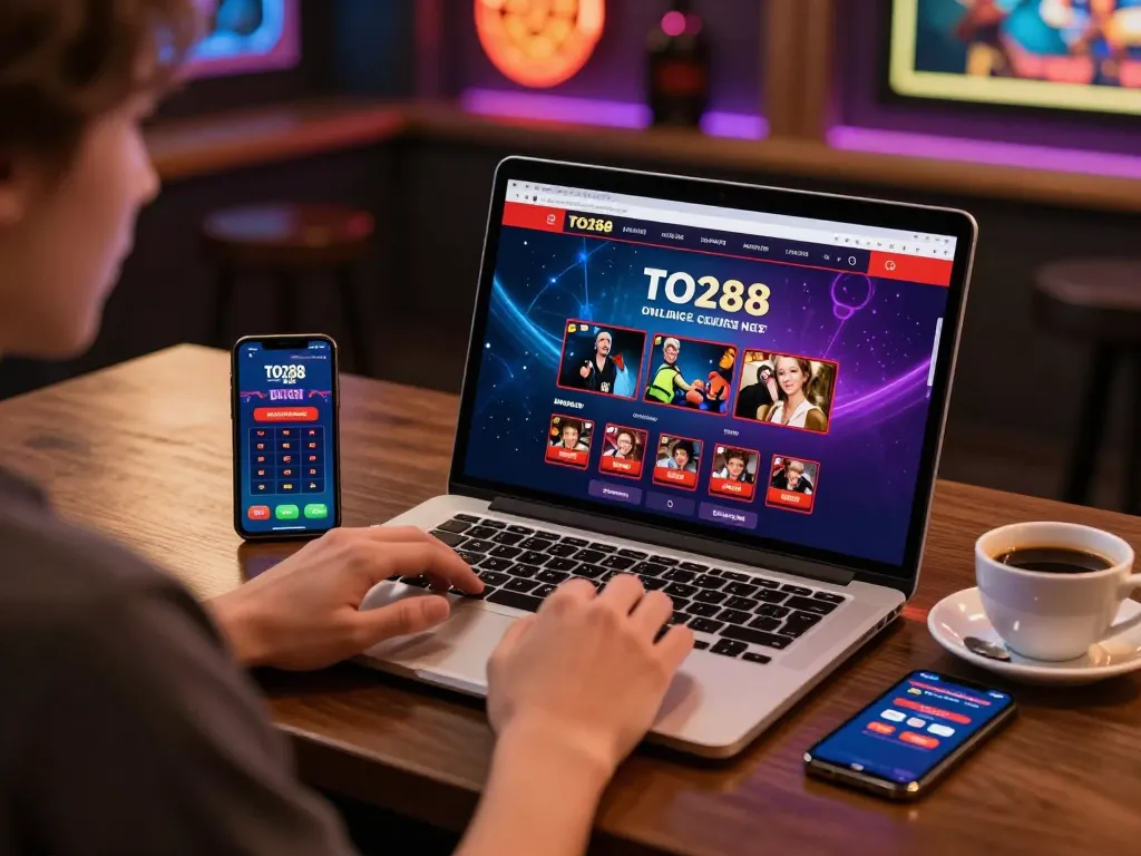 Engaging scene of user playing TO288 casino on laptop, showcasing vibrant online gaming atmosphere.