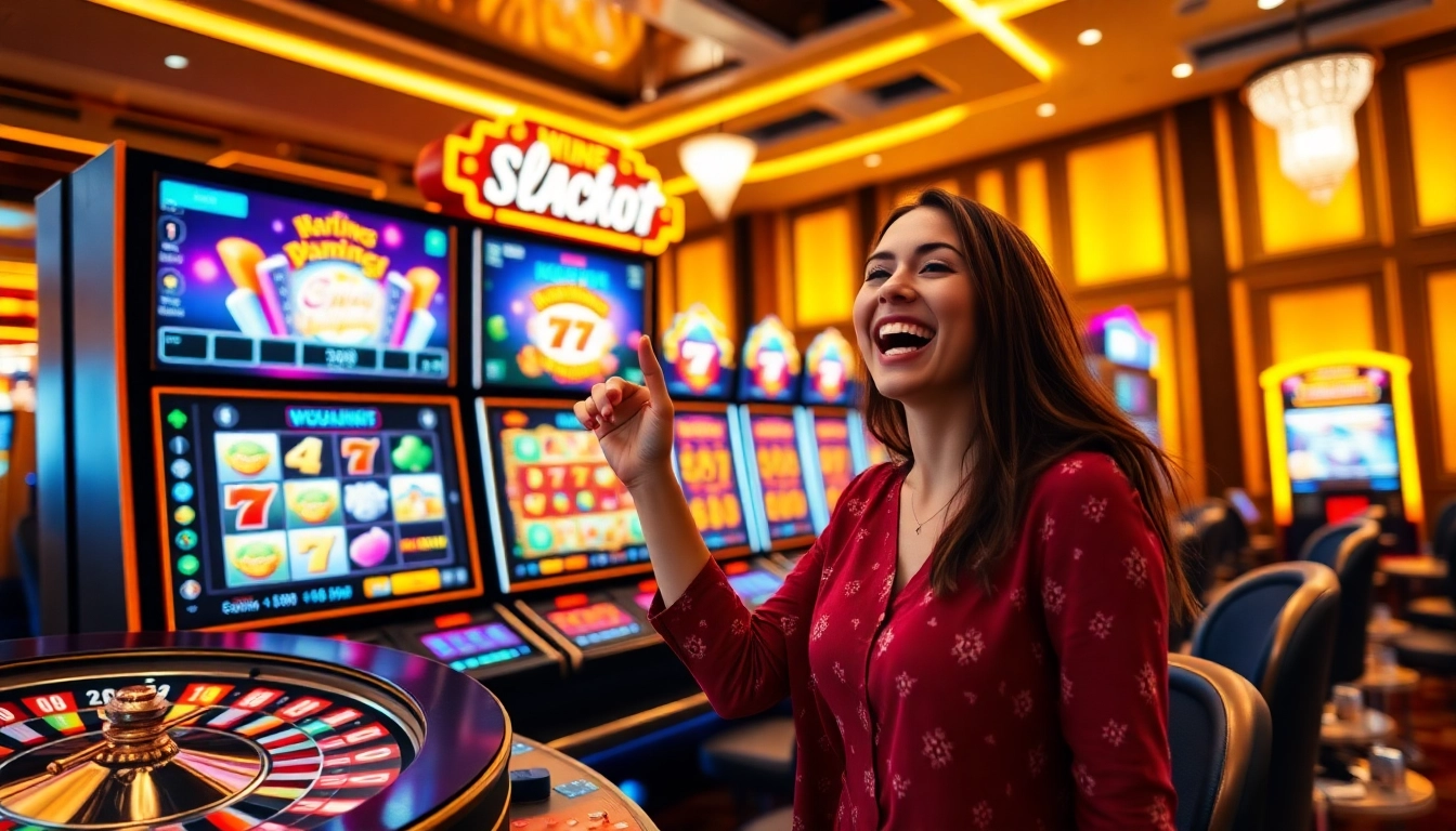 Experience thrilling wins with slot777 login in a vibrant online casino scene featuring slot machines and celebratory players.
