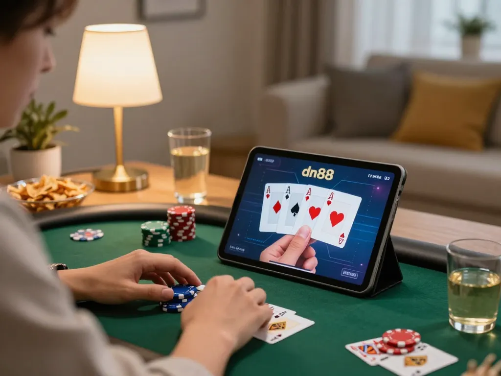 Engaging poker gameplay on tablet at dn88, showcasing a cozy home setup with chips and cards.