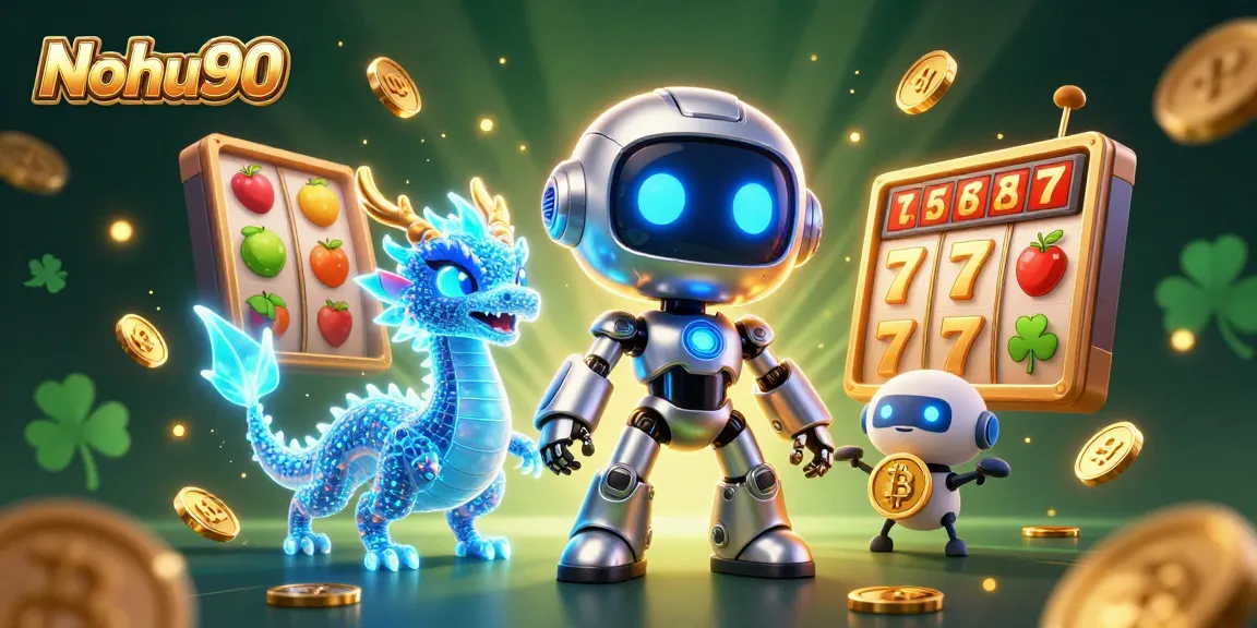 Nohu90 features a vibrant 3D casino scene with a chrome robot, AI dragon, and bitcoin drone.