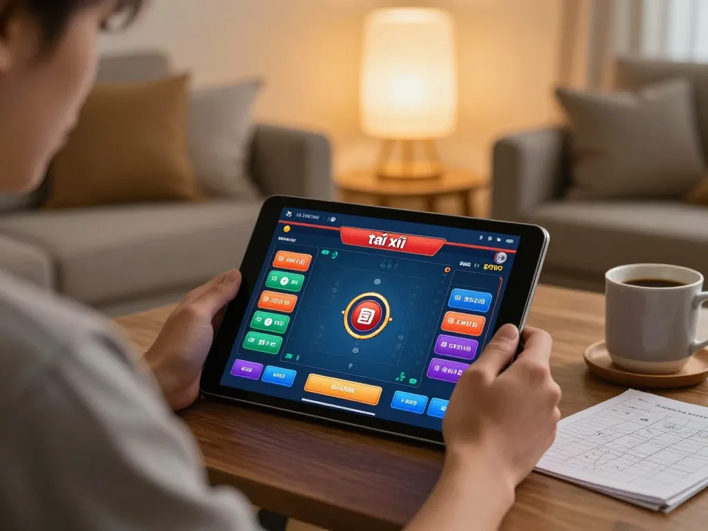Tài xỉu online gameplay shown on tablet screen during a cozy home session, highlighting strategic betting.