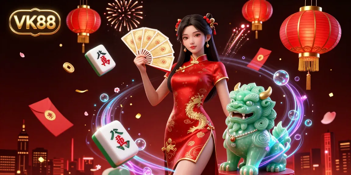 Engage with VK88's vibrant casino experience, featuring a woman in a qipao and jade lion amidst celebratory elements.
