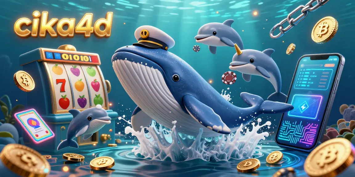 Join the cika4d slot experience unlocking treasures with playful whales and dolphins amidst vibrant casino elements.
